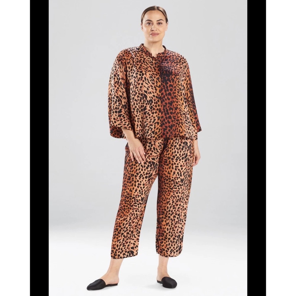 Natori Leopard Print Satin Pajama Set in Brown and Black